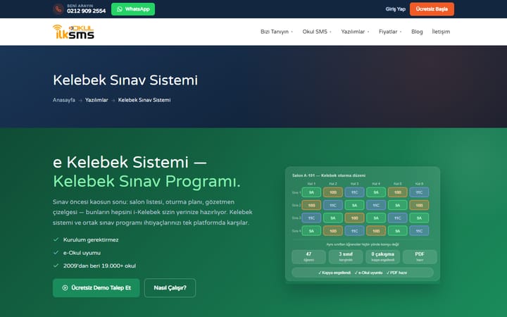 Kelebek Sınav Sistemi sitesinin ana sayfası