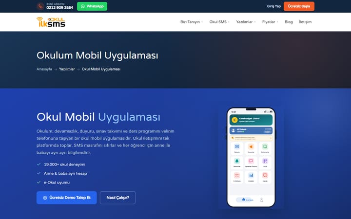 Okulum Mobil Uygulaması sitesinin ana sayfası