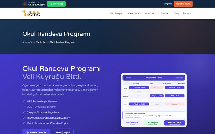 Okul Randevu Sistemi sitesinin ana sayfası